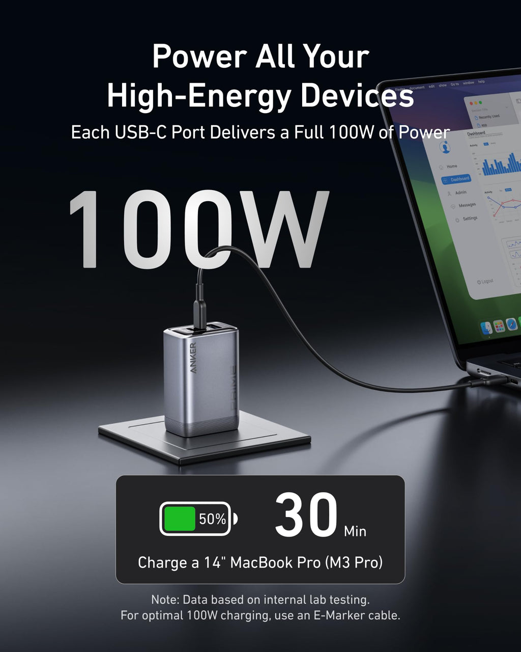 Prime Charger (100W, 3 Ports, GaN) and USB-C to USB-C Cable (3 ft / 6 ft, 240W, Upcycled-Braided) T7