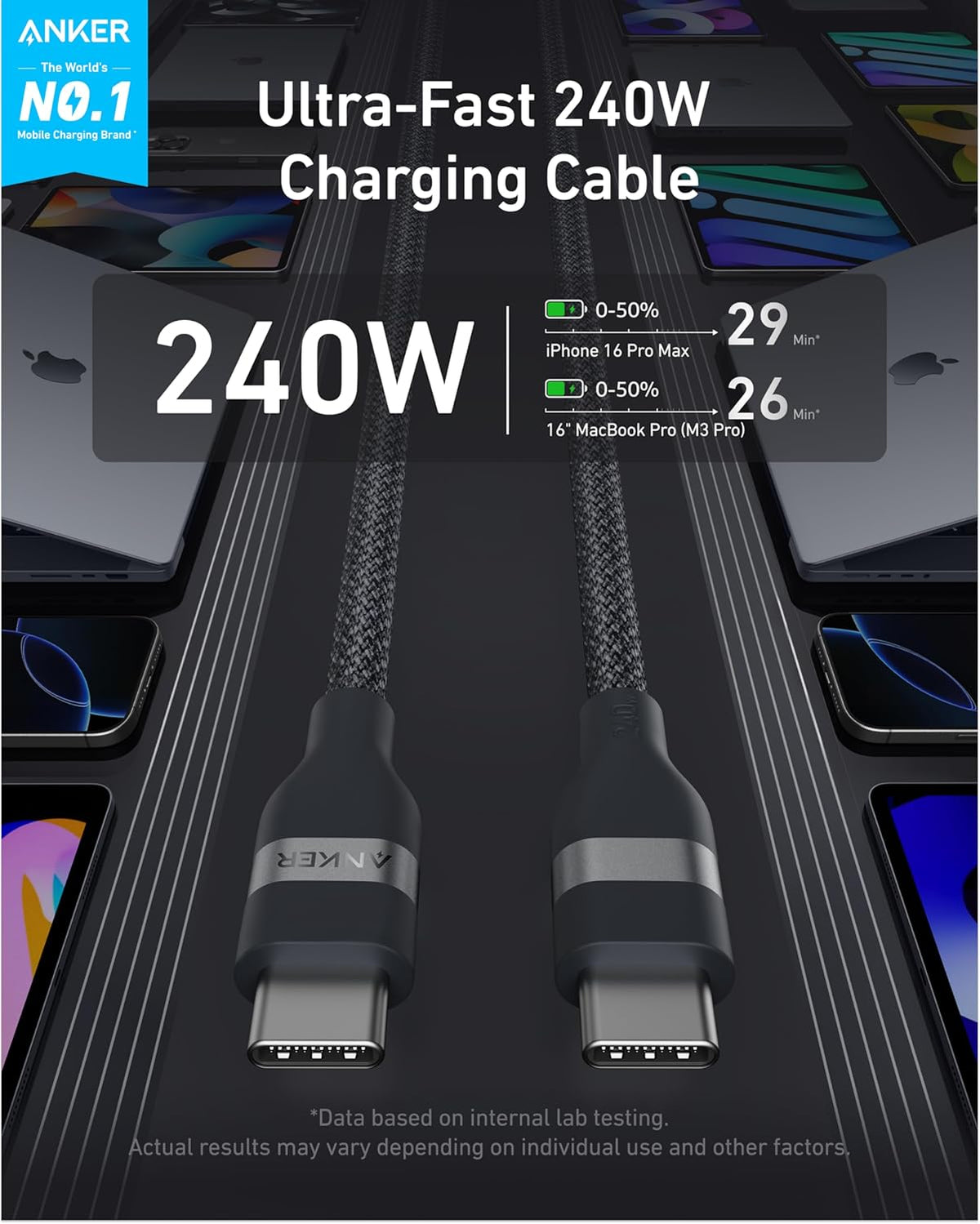 Laptop Power Bank (25K, 165W, Built-In and Retractable Cables) and USB-C to USB-C Cable (6 ft, 240W, Upcycled-Braided) C2