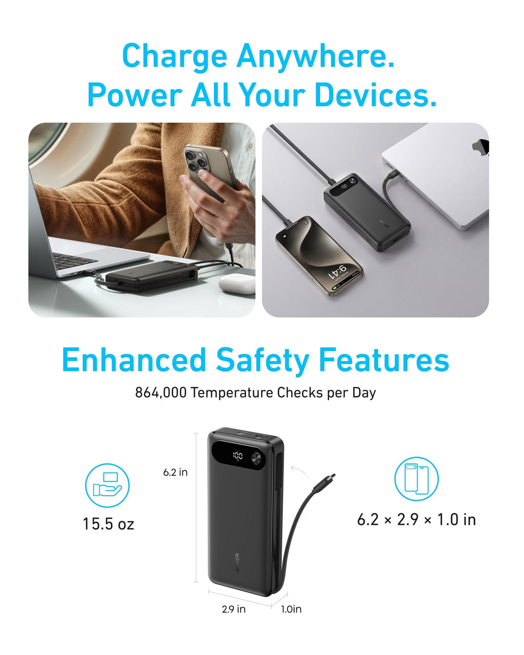 Power Bank (20K, 87W, Built-In USB-C Cable) | Customizable X6