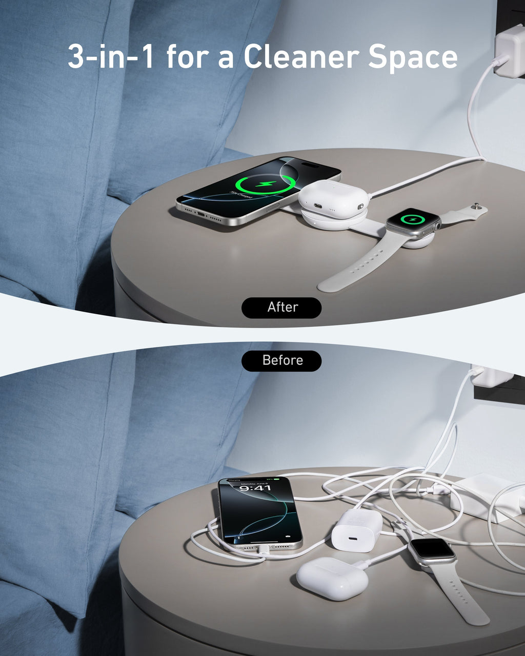 MagGo Wireless Charging Station (3-in-1, Foldable Pad) and Nano Travel Adapter (5-in-1, 20W, 1-Pack) M4