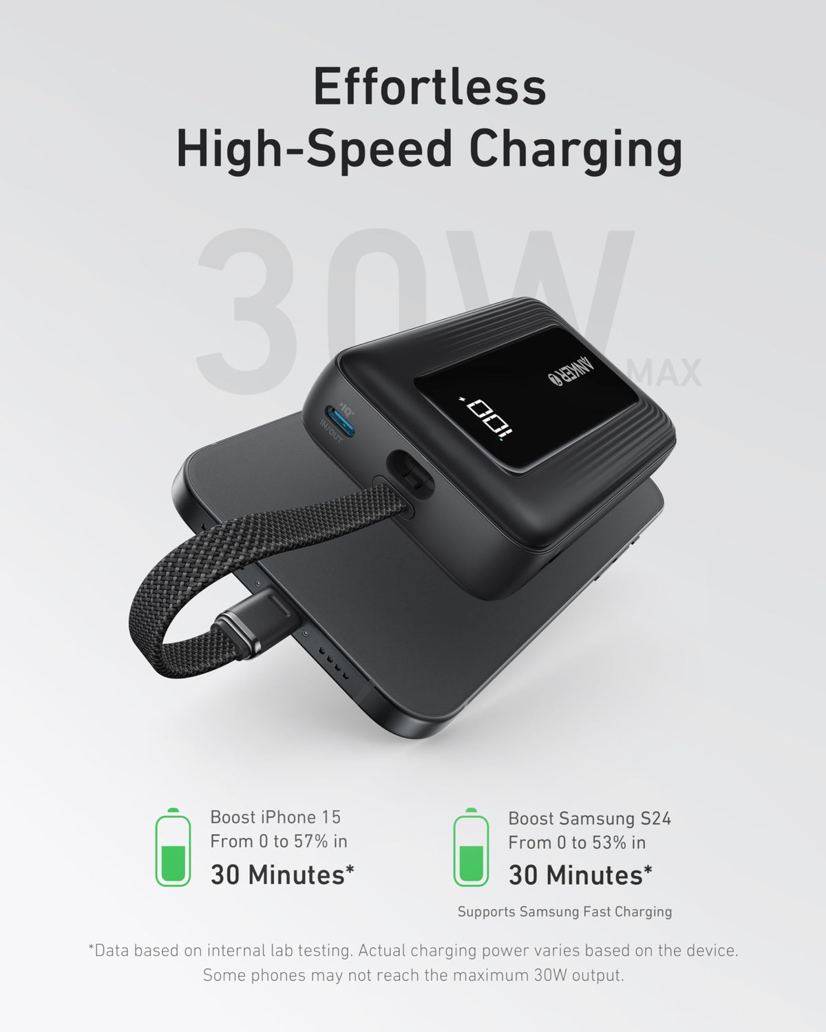 Refurbished Zolo Power Bank (10K, 30W) with a 5.4-inch (13.7 cm) built-in USB-C cable. P9