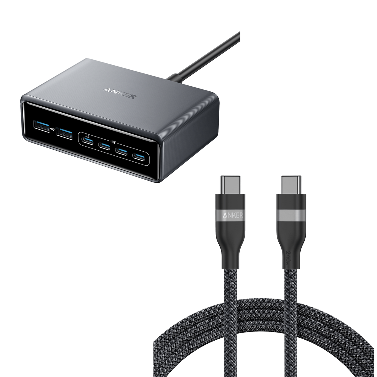 Prime Charger (200W, 6 Ports, GaN) and USB-C to USB-C Cable (6 ft, 240W, Upcycled-Braided) S2