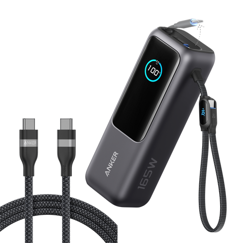 Laptop Power Bank (25K, 165W, Built-In and Retractable Cables) and USB-C to USB-C Cable (6 ft, 240W, Upcycled-Braided) C2