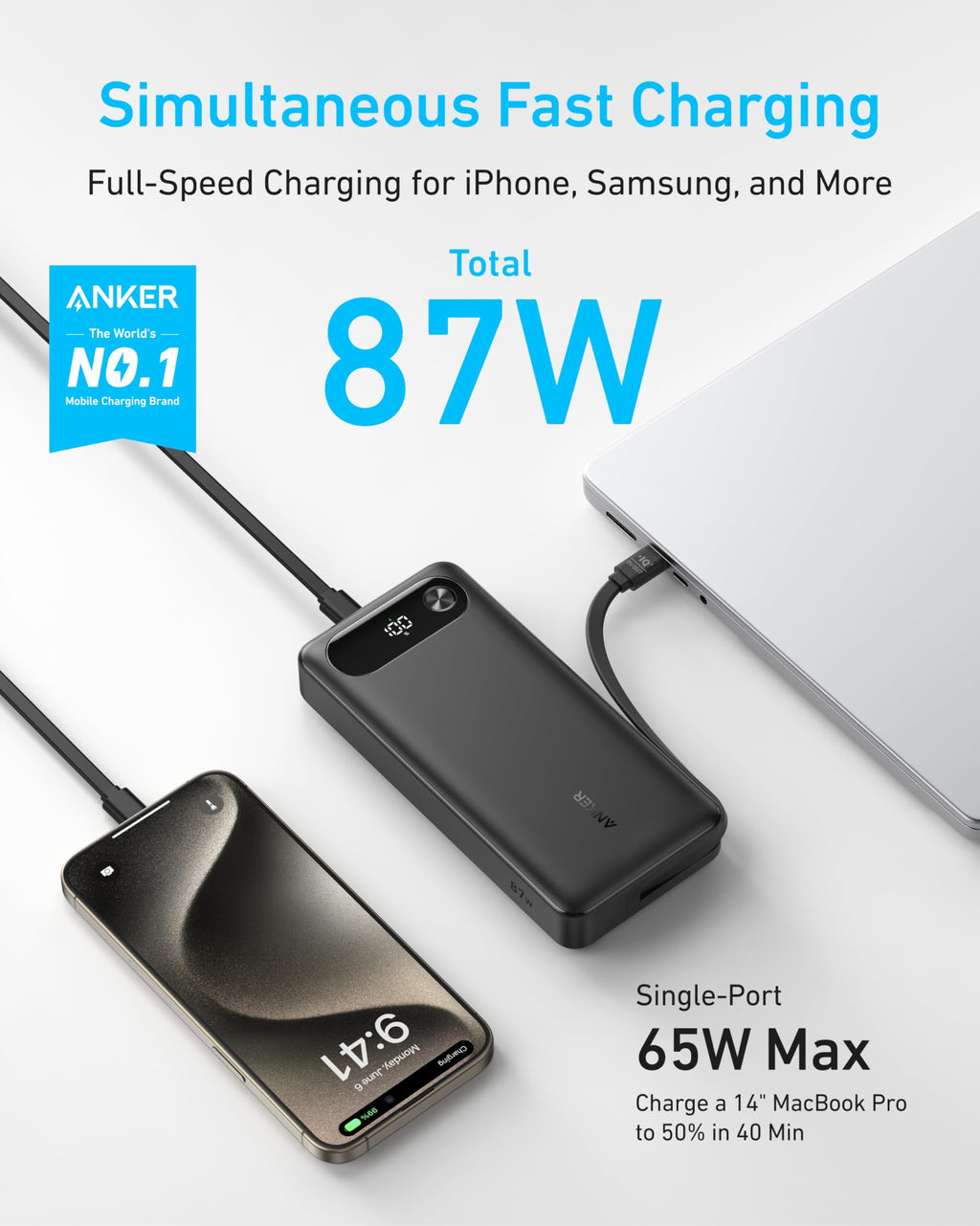 Power Bank (20K, 87W, Built-In USB-C Cable) | Customizable X6